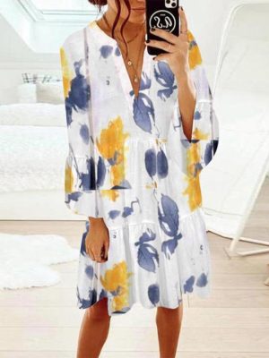 Yellow Blue Summer Print White Tiered Midi Dress