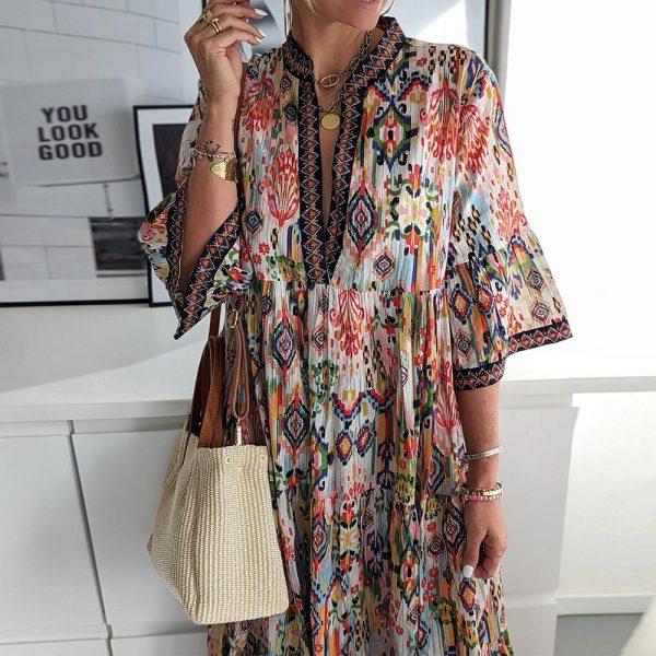 Attractive 3/4 Sleeve Print Midi Dress