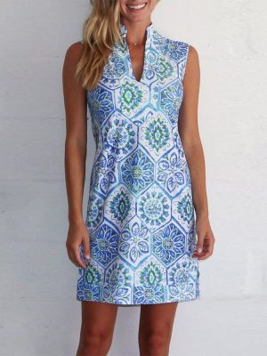 Blue Geometric Print Sleeveless Fold-Over Collar Mini Dress