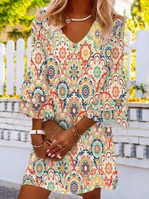 Boho Chic 3/4 Sleeve Rustic Multicolor Midi Dress