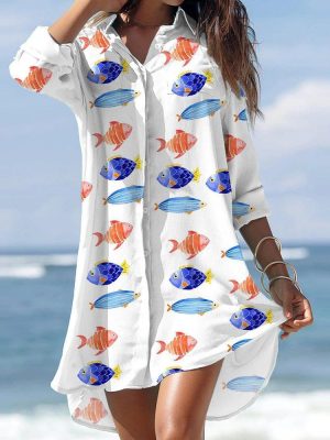 Aquatic Fish 3/4 Sleeve Button Front Mini Dress