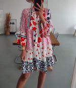 Mixed Print Red and White Prairie Button Front Dress