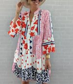 Mixed Print Red and White Prairie Button Front Dress