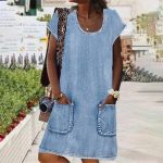 Blue Plain Short Sleeve Mini Dress