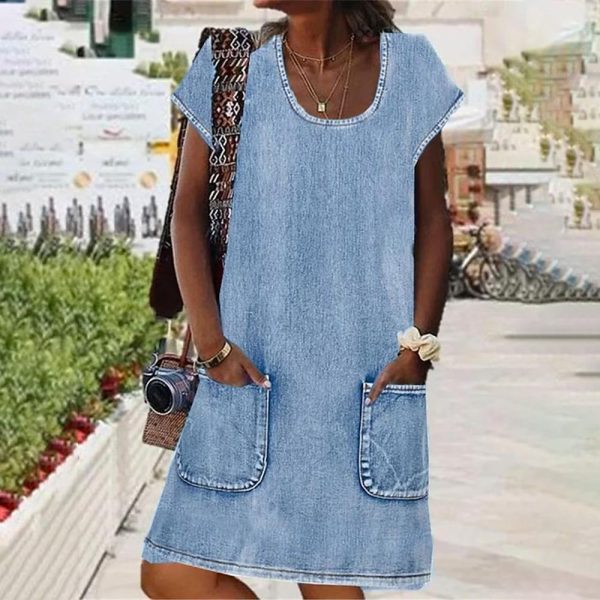 Blue Plain Short Sleeve Mini Dress