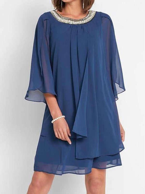 Blue 3/4 Sleeve Plain Mini Dress